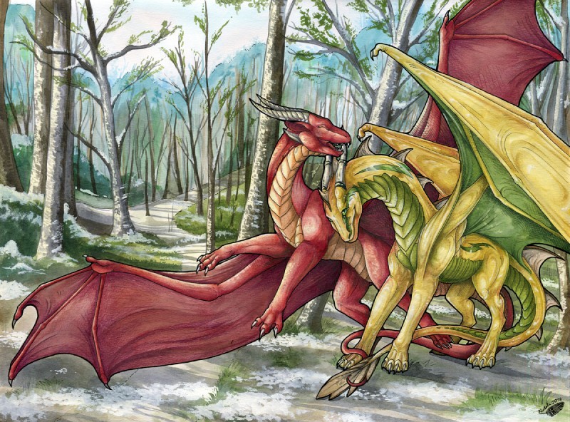 ambiguous_gender claws day detailed_background duo feral forest horn membrane_(anatomy) membranous_wings outside plant red_body red_skin sky smile spines tail tree wings yellow_body yellow_skin natoli european_mythology mythology czero seledrex dragon mythological_creature mythological_scalie scalie western_dragon 2018 digital_media_(artwork)