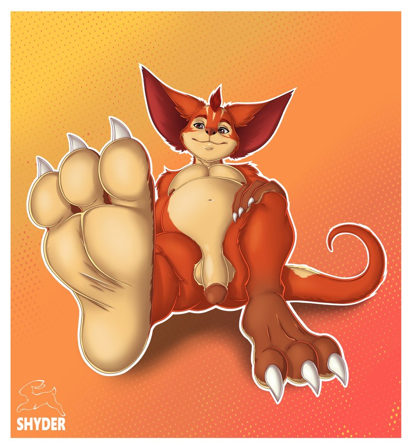 3_toes 4_fingers anthro balls belly big_ears border brown_hands brown_paws feet fingers flaccid foot_focus fur genitals hair humanoid_genitalia humanoid_penis male mohawk nude orange_body orange_eyes orange_fur orange_hair penis presenting showing_feet soles solo tail tan_body tan_fur toes white_border shyder wildstar gusho chua absurd_res hi_res signature