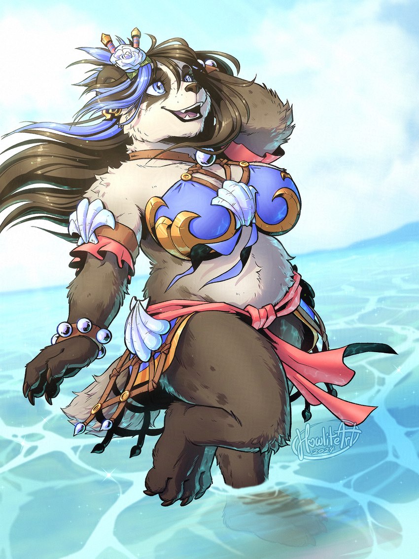 4_fingers 4_toes accessory anthro bikini blue_eyes blue_highlights bracelet breasts brown_body brown_fur brown_hair brown_nose clothed clothed_anthro clothed_female clothing curvy_figure fangs feet female fingers flower flower_in_hair fur hair hair_accessory highlights_(coloring) hindpaw humanoid_hands jewelry multicolored_body multicolored_fur open_mouth open_smile outside partially_submerged paws plant smile solo standing_in_water swimwear teeth thick_thighs toes tongue two-piece_swimsuit two_tone_body two_tone_fur voluptuous water white_body white_fur wide_hips howlite blizzard_entertainment warcraft bear mammal pandaren 2024 3:4 hi_res