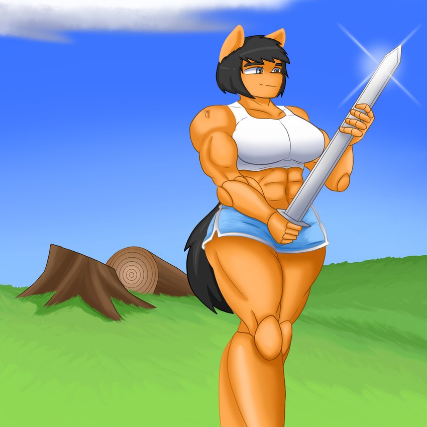 black_hair blue_eyes female fur grass hair melee_weapon muscular muscular_female orange_body orange_fur plant solo sword tree weapon arisenleaf fluffy_pony cloe_(arisenleaf) fluffy_pony_(species) humanoid mammal 1:1 hi_res