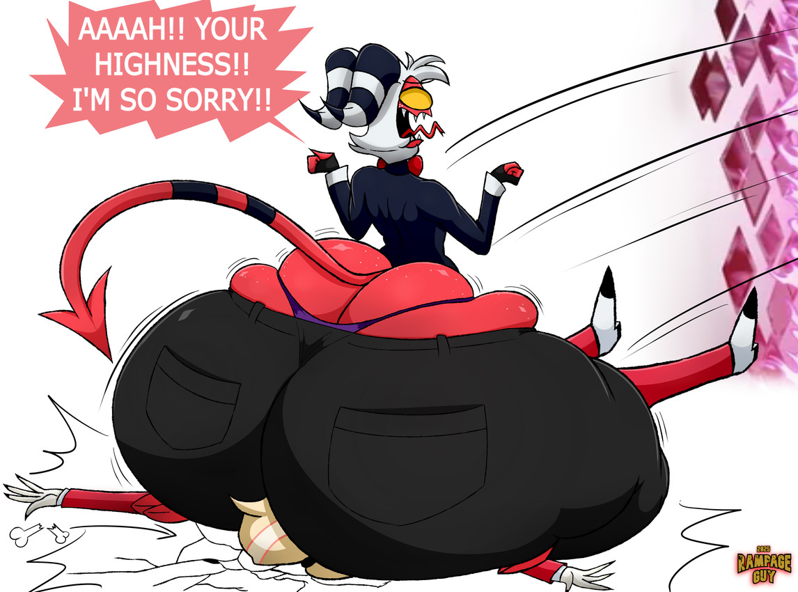 4_fingers apology big_butt black_clothing butt butt_cleavage butt_crush clothing cracked_ground duo female fingers hair horn huge_butt hyper hyper_butt male not_furry red_body red_skin tail text white_hair yellow_sclera rampageguy hazbin_hotel hellaverse helluva_boss charlie_morningstar moxxie_(helluva_boss) demon humanoid imp 2025 dated english_text hi_res