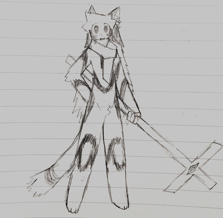 ambiguous_gender anthro black_nose cross fur hair holding_cross holding_object kemono long_hair notebook_paper_background open_mouth simple_background smile solo tail text ti_cross ti_cross_(character) domestic_cat felid feline felis human mammal english_text hi_res