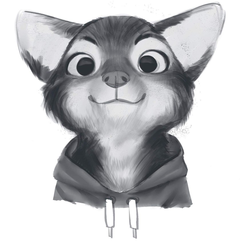 black_body black_fur clothing fur hoodie looking_at_viewer simple_background smile solo topwear white_background white_body white_fur wayn_animation canid canine mammal 2021 adobe_photoshop_(artwork) digital_media_(artwork) hi_res monochrome