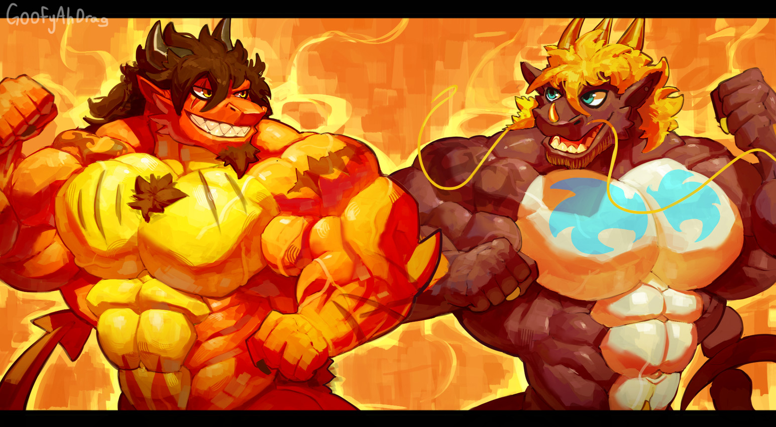 2_horns 3_horns 5_fingers anthro arm_markings aura barazoku barbel_(anatomy) biceps big_muscles black_body black_claws black_horn black_scales blonde_facial_hair blonde_hair blue_eyes blue_markings brown_facial_hair brown_goatee brown_hair chest_markings chest_tuft claws countershade_scales countershade_torso countershading duo eye_contact eye_scar facial_hair facial_scar finger_claws fingers flesh_whiskers goatee hair head_horn horn huge_muscles looking_at_another male markings multi_horn muscular muscular_male open_mouth open_smile orange_background orange_body orange_scales pecs scales scar simple_background smile spade_tail stubble tail teeth text toothy_grin tuft vein veiny_muscles whiskers white_body white_countershading white_sclera yellow_body yellow_claws yellow_countershading yellow_eyes yellow_horn yellow_whiskers goofyahdragons mythology dragon mythological_creature mythological_scalie scalie wingless_dragon 2025 artist_name digital_drawing_(artwork) digital_media_(artwork) half-length_portrait hi_res portrait brother_(lore) brothers_(lore) sibling_(lore)