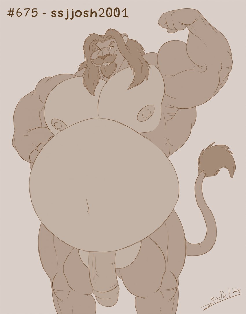 anthro balls beard belly biceps big_balls big_belly big_muscles big_penis biped eyebrows facial_hair flaccid flexing flexing_bicep front_view fur genitals glans humanoid_genitalia humanoid_penis long_mane looking_at_viewer male musclegut muscular muscular_anthro muscular_male muscular_thighs mustache navel nipples nude pecs penis solo standing tail tail_tuft tuft juano felid lion mammal pantherine greyscale hi_res monochrome