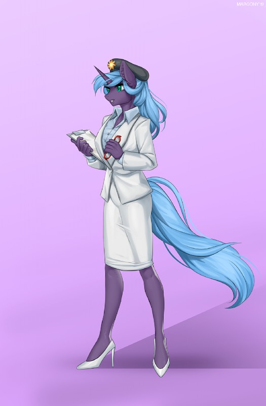 5_fingers anthro blue_hair clothing eyebrows eyelashes female fingers hair hat headgear headwear horn smile solo margony mythology equid equine mammal mythological_creature mythological_equine unicorn digital_media_(artwork) hi_res shaded