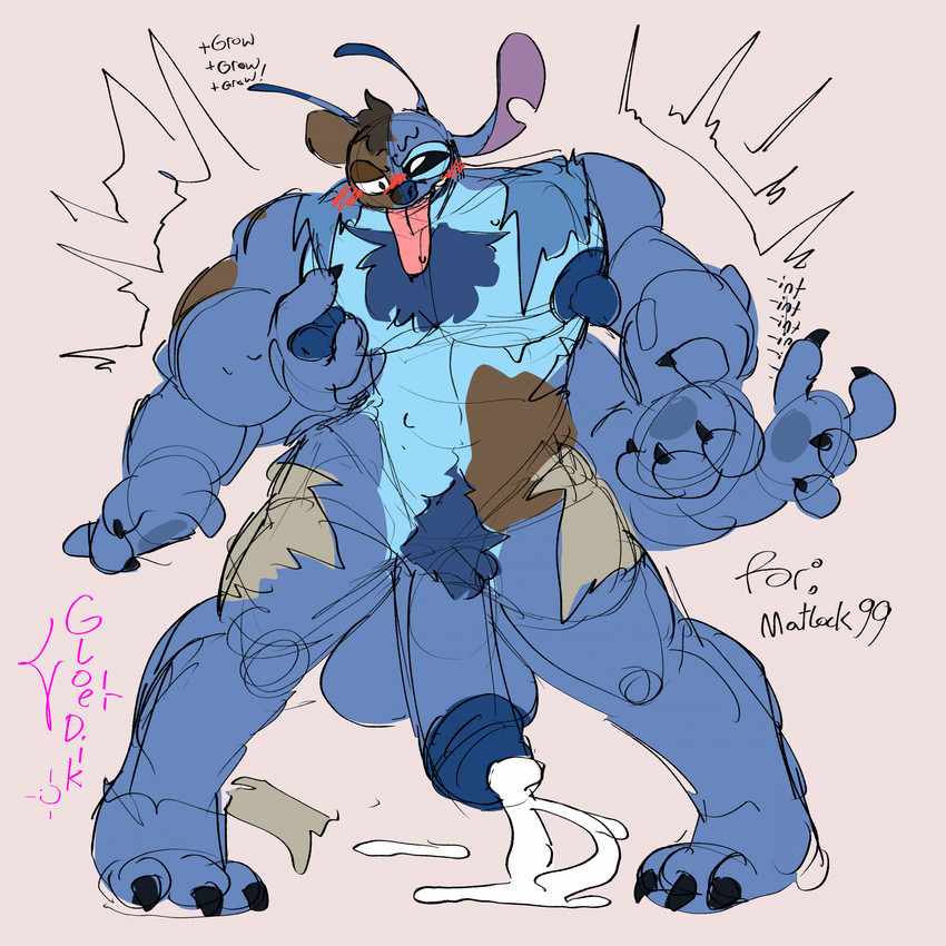 3_toes 4_arms 4_fingers antennae_(anatomy) anthro balls big_penis black_eyes blue_balls blue_body blue_fur blue_glans blue_nipples blue_nose blue_pawpads blue_penis blush blush_lines bodily_fluids body_hair body_size_growth chest_hair claws clothing cum cum_on_ground dipstick_antennae ejaculation erect_nipples feet finger_claws fingers fur genital_fluids genitals glans growth humanoid_genitalia humanoid_penis long_tongue male multi_arm multi_limb multicolored_antennae muscle_growth muscular muscular_anthro muscular_male nipple_fetish nipple_play nipples notched_ear pawpads penis pink_tongue pubes simple_background size_transformation solo species_transformation text tf_into_fictional_character toe_claws toes tongue tongue_out torn_clothing transformation gloedik disney lilo_and_stitch stitch_(lilo_and_stitch) alien experiment_(lilo_and_stitch) 1:1 2026 artist_name colored_sketch commissioner_name digital_drawing_(artwork) digital_media_(artwork) english_text flat_colors hi_res sketch