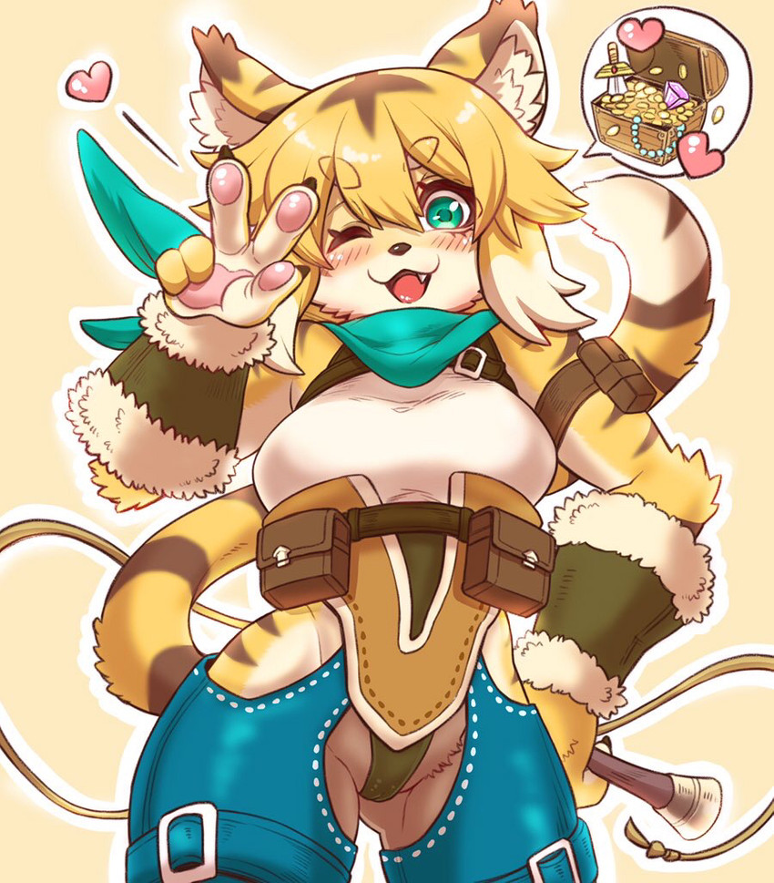 5_fingers anthro armwear blonde_hair blush breasts brown_body brown_fur brown_hair camel_toe claws clothed clothing cute_fangs eyebrow_through_hair eyebrows fangs female female_anthro fingers fur gesture green_eyes hair hand_gesture heart_symbol inner_ear_fluff kemono kerchief multicolored_body multicolored_ears multicolored_fur multicolored_hair multicolored_tail neckerchief neckwear one_eye_closed open_mouth pawpads short_hair simple_background solo tail teeth tongue translucent translucent_hair treasure treasure_chest tuft v_sign white_body white_fur white_hair wink yellow_background yellow_body yellow_fur nzuuure cygames world_flipper mia_(world_flipper) felid mammal pantherine tiger 2020 digital_media_(artwork) portrait three-quarter_portrait