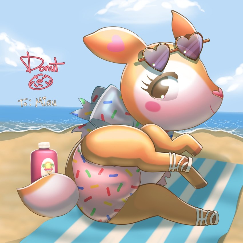 beach bikini bikini_bottom bikini_top clothing eyewear eyewear_on_head female footwear lying midriff on_side pattern_bikini pattern_clothing pattern_swimwear pink_bikini_bottom pink_bikini_top sandals scut_tail seaside shoes short_tail solo sunglasses sunglasses_on_head swimwear tail towel two-piece_swimsuit water misterdonut sanrio hummingmint deer mammal 1:1 hi_res