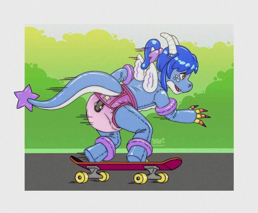 anthro arm_back arm_out bangs bow_(feature) clean_diaper clothed clothing diaper female horn inflatable leaning leaning_forward open_mouth pattern_diaper pool_toy pull-ups_(diaper) rings_on_arms rings_on_legs simple_background skateboard skateboarding smile solo tail tail_star vehicle wearing_diaper wings darksidefighter mythology chrissy_(zoran) angel_dragon animate_inanimate dragon living_inflatable mythological_creature mythological_scalie scalie