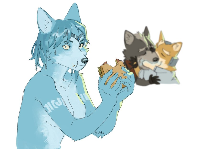 anthro eating female food gay_in_front_of_girls group kissing male male/male nude sandwich_(food) simple_background trio nyaalgebra krystal_can't_enjoy_her_sandwich nintendo star_fox fox_mccloud krystal_(star_fox) wolf_o'donnell canid canine canis fox mammal wolf digital_media_(artwork) hi_res meme