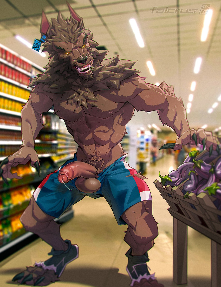 4_toes 5_fingers abs anthro areola arm_tuft athletic_wear balls biceps big_balls big_muscles big_penis biped black_claws black_nose blurred_background blurred_foreground bodily_fluids bottomwear bottomwear_down broad_shoulders brown_body brown_fur cheek_tuft chest_tuft chin_tuft claws clothed clothing container crotch_tuft curled_fingers depth_of_field digitigrade dripping ear_piercing ear_tag ears_back eggplant ejaculation elbow_tuft erection facial_tuft fangs feet finger_claws fingers fluffy_fur food footwear forearm_muscles foreskin fruit fur genital_fluids genitals glowing glowing_eyes grocery_store gym_bottomwear gym_shorts head_tuft humanoid_genitalia humanoid_penis implied_transformation inside leaking_precum logo looking_at_food looking_at_object male mane muscular muscular_anthro muscular_male navel neck_tuft nipples open_mouth partially_clothed pawpads paws pecs penis piercing pink_nipples pink_pawpads pink_penis pivoted_ears plant pointy_ears precum precum_drip pubes public qr_code shaggy_fur sharp_teeth shoes shorts shorts_down snout solo standing teeth text toe_claws toes topless topless_anthro topless_male torn_bottomwear torn_clothing torn_shoes torn_shorts tuft vegetable yellow_eyes falcrus mythology werewolf_of_fever_swamp canid canine mammal mythological_canine mythological_creature werecanid werecanine werecreature werewolf 2015 2024 artist_logo artist_name cel_shading hi_res shaded warm_colors