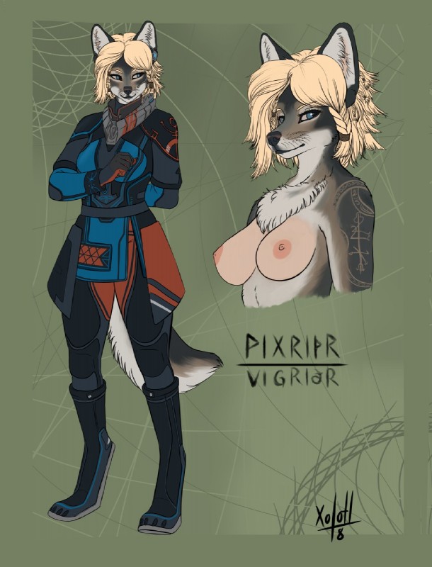 anthro biped blonde_hair blue_eyes breasts clothed clothing digitigrade female hair looking_at_viewer nude science_fiction solo standing text xolkuikani vigridr canid canine canis mammal wolf artist_name digital_drawing_(artwork) digital_media_(artwork) english_text handwritten_text hi_res model_sheet