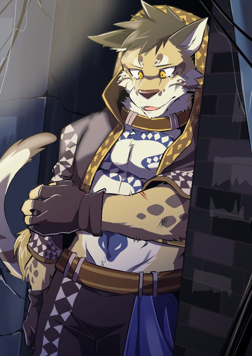 anthro clothed clothing countershading fingerless_gloves fur gloves handwear male pecs solo spots tattoo kai11k nekojishi studio_klondike likulau clouded_leopard felid feline mammal pantherine hi_res