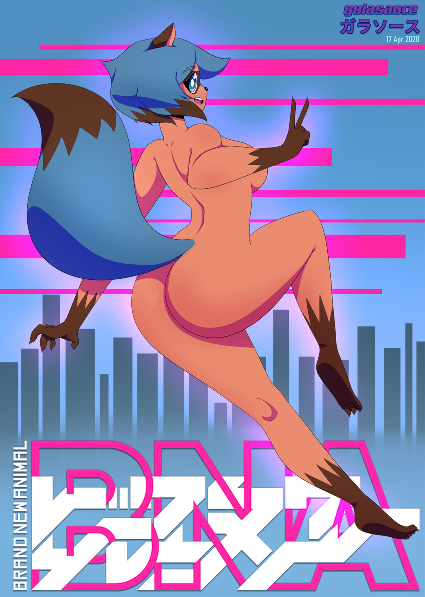 anthro black_body black_fur black_hair black_nose blue_body blue_eyes blue_fur blue_hair breasts brown_body brown_fur butt feet female fingers fluffy fluffy_tail fur gesture hair hand_gesture multicolored_body multicolored_fur multicolored_hair nude open_mouth solo tail toes v_sign gulasauce_(artist) brand_new_animal studio_trigger michiru_kagemori canid canine mammal raccoon_dog tanuki 2020 hi_res