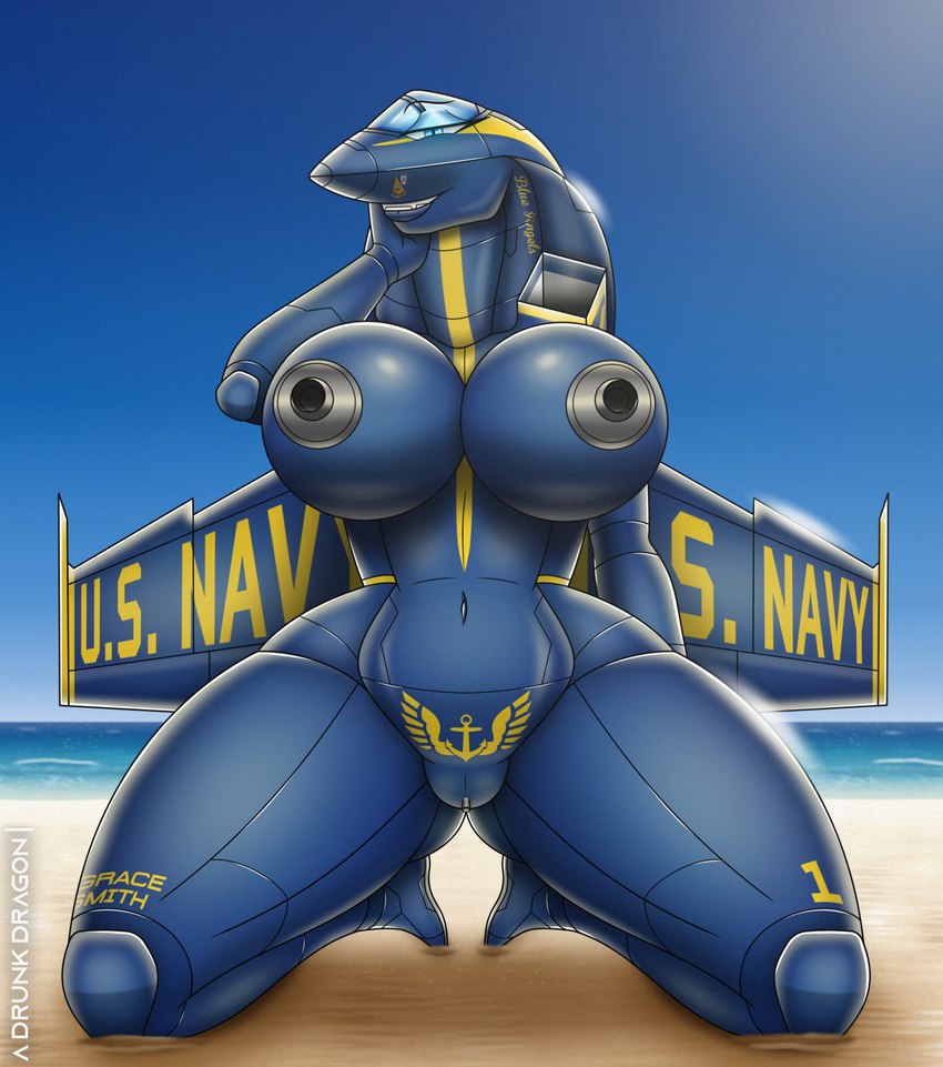 aircraft anthro areola beach big_breasts blue_body blue_eyes blue_sky breasts fangs female genitals kneeling looking_at_viewer machine nipples pupils pussy sand sky slit_pupils smile solo teeth text thick_thighs vehicle a_drunk_dragon u.s._navy grace_smith_(adrunkdragon) aircraft_humanoid living_aircraft living_machine living_vehicle hi_res