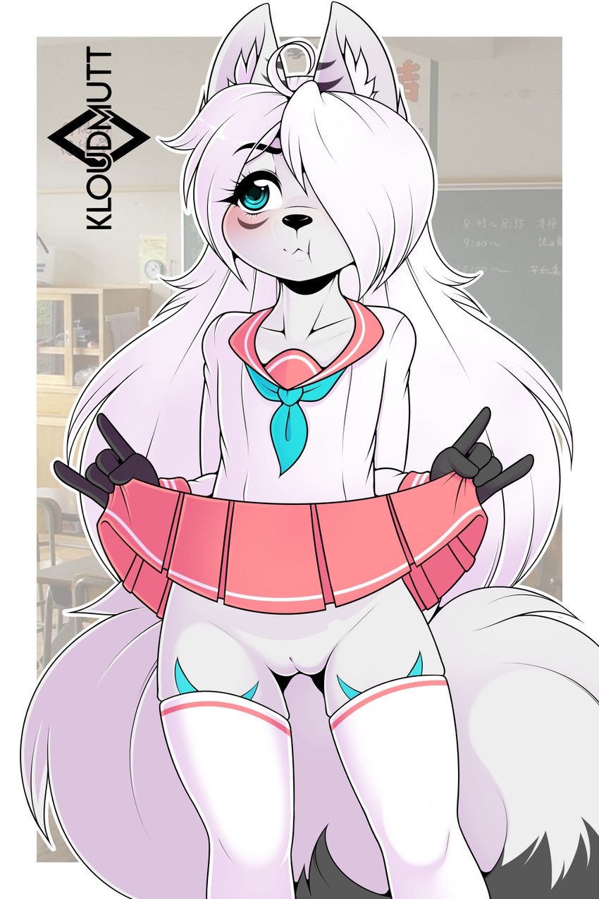 adolescent anthro blue_eyes clothed clothing female flashing flashing_pussy fluffy genitals no_underwear pussy school_uniform solo uniform young kloudmutt canid canine fennec_fox fox mammal true_fox 2025 2:3 hi_res