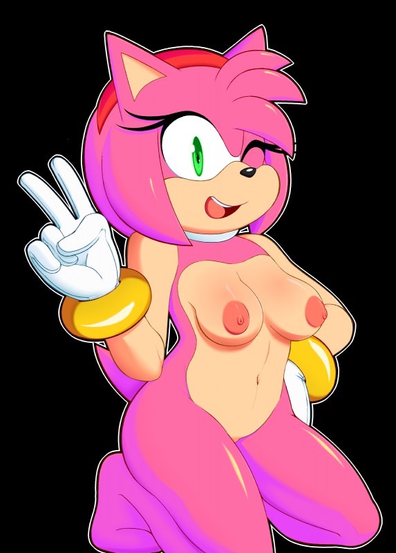 accessory anthro areola biped bracelet breasts choker clothing eyelashes female gesture gloves green_eyes hair_accessory hairband hand_gesture hand_on_hip handwear jewelry kneeling navel necklace nipples nude one_eye_closed open_mouth solo v_sign wink jammiez sega sonic_the_hedgehog_(series) amy_rose eulipotyphlan hedgehog mammal absurd_res alpha_channel hi_res