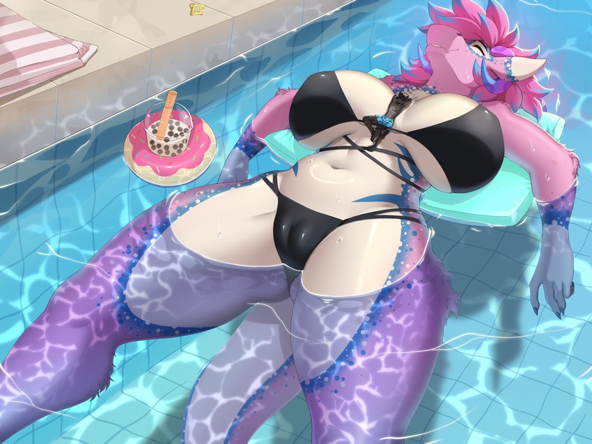 anthro belly beverage big_breasts bikini biped black_bikini black_clothing black_swimwear blue_highlights breasts bubble_tea butt butt_from_the_front camel_toe clothed clothing countershading curvy_figure duo extreme_size_difference eyes_closed female fur gloves_(marking) grey_body grey_fur hair high-angle_view highlights_(coloring) male male/female markings micro partially_submerged pink_body pink_fur pink_hair size_difference smile swimming_pool swimming_trunks swimwear tail tan_body thick_tail thick_thighs topless two-piece_swimsuit voluptuous water white_belly white_body white_countershading beer_cock krix dexter_(krix) krystal_(darkmaster781) canid canine canis domestic_dog german_shepherd herding_dog mammal pastoral_dog wickerbeast 2023 digital_media_(artwork) hi_res shaded