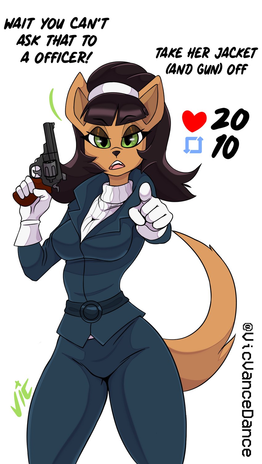 anthro black_hair brown_body brown_fur clothing female fur gesture gloves green_eyes gun hair hand_gesture handwear holding_gun holding_object holding_ranged_weapon holding_weapon jacket pointing pointing_at_viewer ranged_weapon solo sweater text topwear weapon vicvance nickelodeon t.u.f.f._puppy kitty_katswell absurd_res english_text hi_res