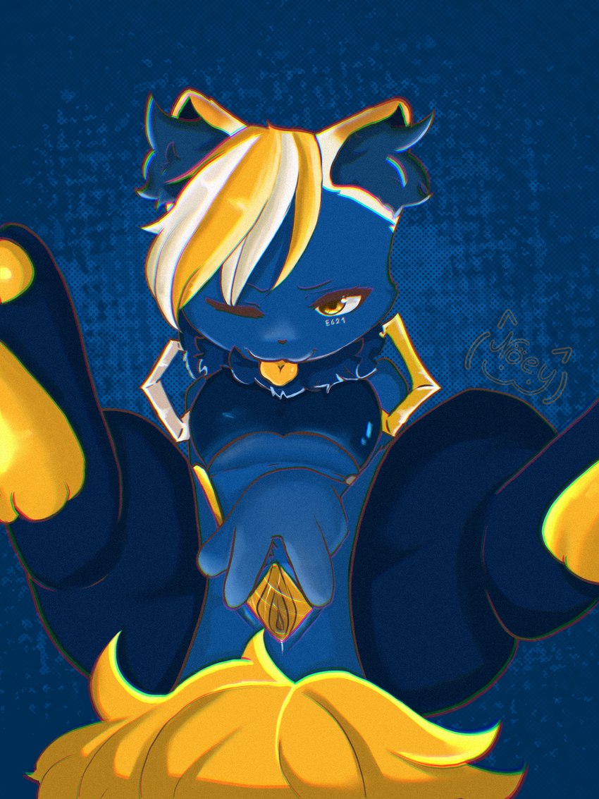 anthro blep blue_body blue_fur bodily_fluids bottomless bottomless_anthro bottomless_female breasts clothed clothing crossgender eyes_closed facial_tattoo feet female fur genital_fluids genitals hair half-closed_eyes highlights_(coloring) hindpaw humanoid_genitalia humanoid_pussy legwear mascot mtf_crossgender narrowed_eyes one_eye_closed orange_inner_pussy orange_insides orange_pussy orange_tongue pattern_background paws presenting presenting_pussy pussy pussy_tuft reclining reclining_pose simple_background solo spread_legs spread_pussy spreading tail tattoo tongue tongue_out topwear tuft tufted_ears tufted_fur unusual_insides vaginal_fluids wink yellow_eyes yellow_tail fu_kawa_(artist) e621 hexerade domestic_cat felid feline felis mammal 3:4 digital_media_(artwork) hi_res signature