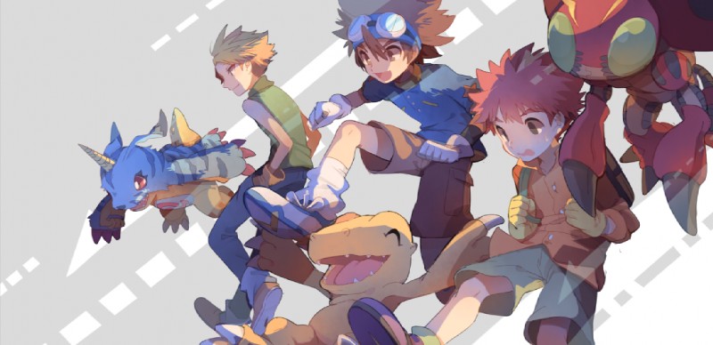 bottomwear clothed clothing eyes_closed eyewear goggles group male red_eyes shorts vav bandai_namco digimon digidestined izzy_izumi matt_ishida taichi_kamiya agumon digimon_(species) gabumon human mammal tentomon