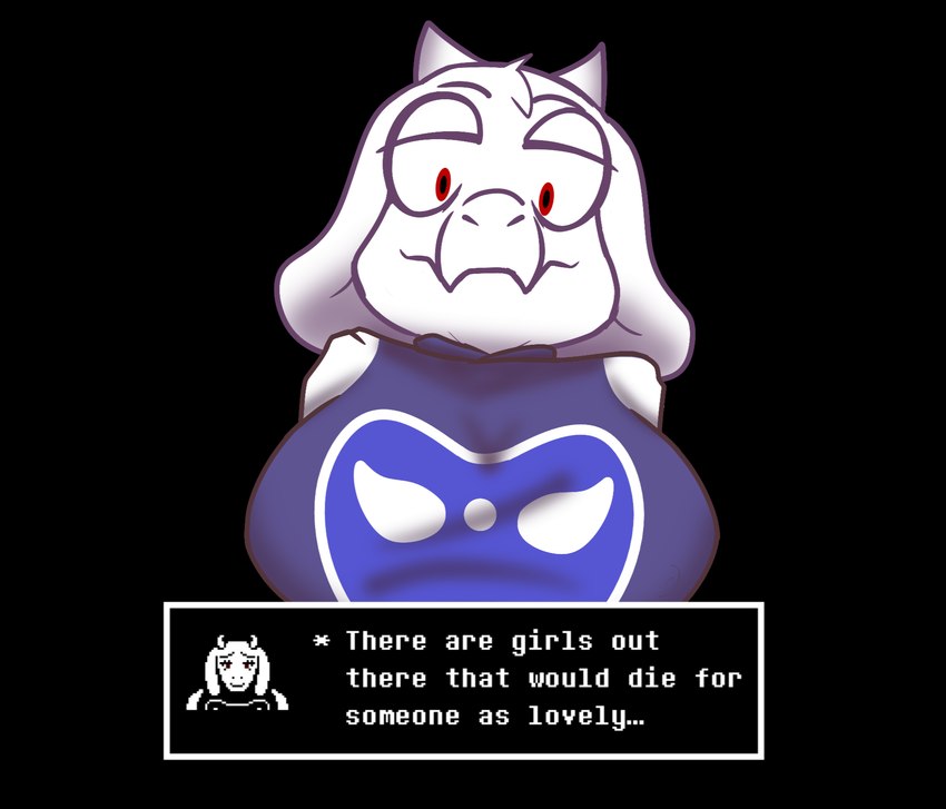 anthro big_breasts black_background breasts clothing female purple_clothing red_eyes simple_background smile solo text text_box white_body karkrx23 undertale undertale_(series) toriel boss_monster_(undertale) bovid caprine mammal english_text hi_res