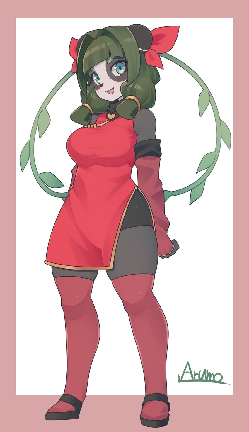 anthro asian_clothing black_body black_fur black_nose breasts clothing east_asian_clothing female fur green_eyes green_hair hair legwear open_mouth red_clothing red_legwear red_stockings simple_background smile solo stockings arumo bear giant_panda mammal 2021 absurd_res hi_res