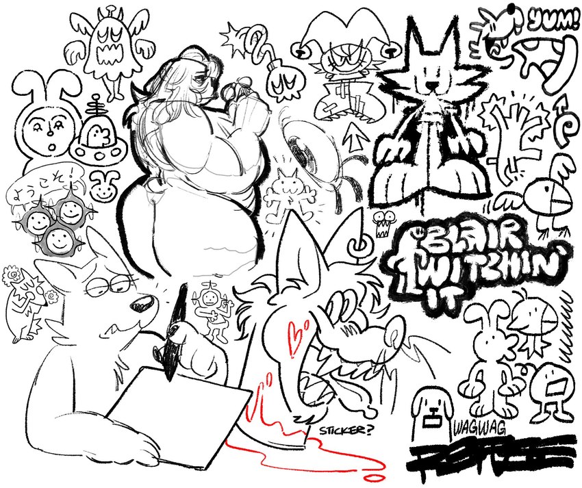 ambiguous_gender anthro bomb butt clothing directional_arrow ear_piercing explosives eyeball female feral food group hat headgear headwear holding_object looking_at_viewer looking_back looking_down looking_up male piercing pizza sharp_teeth slightly_chubby slightly_chubby_female teeth text tongue tongue_out ufo twistcmyk nintendo pikmin noelle_(twistcmyk) avian bear bird canid canine canis domestic_dog fox ghost humanoid mammal spirit unknown_species hi_res sketch_page