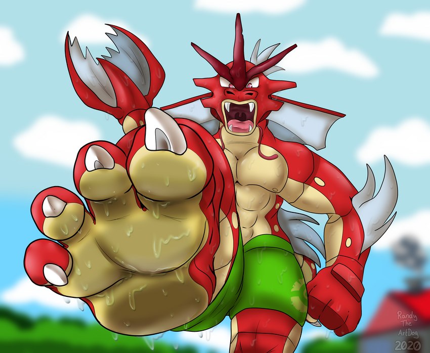 4_toes 5_fingers abs anthro anthrofied blue_sky building chimney clothing cloud countershade_feet countershading feet fin fingers fist foot_fetish foot_focus green_clothing grey_background hindpaw house humanoid_feet imminent_stomp low-angle_view male nipples open_mouth outside paws pecs plant plantigrade pokemorph red_body rooftop sharp_teeth simple_background sky smoke soles solo swimming_trunks swimwear tail teeth toes tree water wet_feet white_clouds worm's-eye_view randytheartdog nintendo pokemon generation_1_pokemon gyarados marine pokemon_(species) shiny_pokemon full-length_portrait hi_res portrait