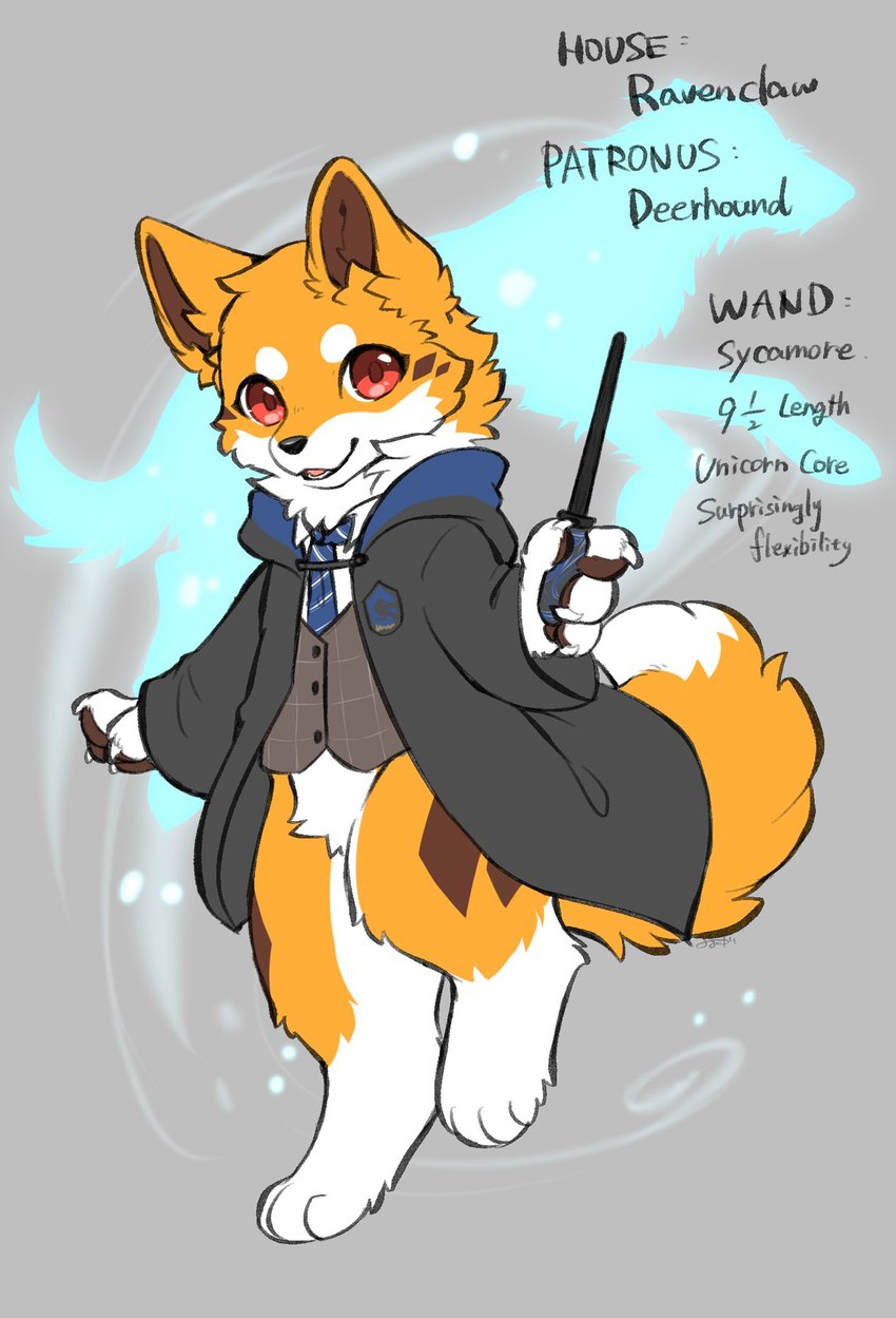 ambiguous_gender anthro black_nose brown_body brown_fur brown_inner_ear brown_markings cheek_tuft clothed clothed_anthro clothing crotch_tuft dipstick_tail facial_markings facial_tuft fluffy fluffy_tail fur head_markings hogwarts_uniform holding_object holding_wand looking_at_viewer markings multicolored_body multicolored_fur necktie open_mouth open_smile orange_body orange_ears orange_fur orange_tail prick_ears ravenclaw red_eyes robe school_uniform semi-anthro smile solo tail tail_markings text tuft uniform wand white_body white_fur white_tail_tip tsukune_minaga harry_potter_(series) kitsuneinu canid canine canis domestic_dog mammal 2024 digital_media_(artwork) english_text hi_res signature