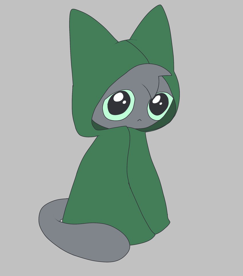 :< ambiguous_form ambiguous_gender cloak clothed clothing green_cloak green_clothing green_sclera grey_background grey_body looking_at_viewer silly simple_background solo tail tuft gooblie_2 isaac_(gooblie_ii) domestic_cat felid feline felis mammal absurd_res digital_drawing_(artwork) digital_media_(artwork) hi_res male_(lore)