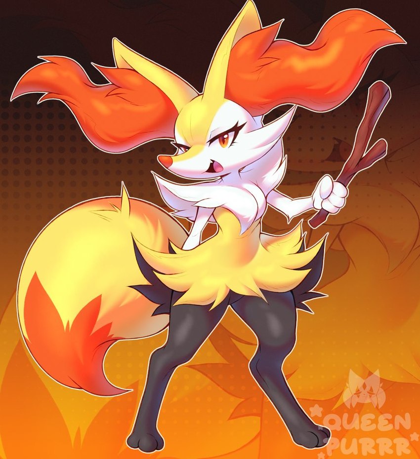 anthro female fur red_body red_eyes solo standing stick yellow_body yellow_fur purrynx queenpurr nintendo pokemon braixen canid canine generation_6_pokemon mammal pokemon_(species)