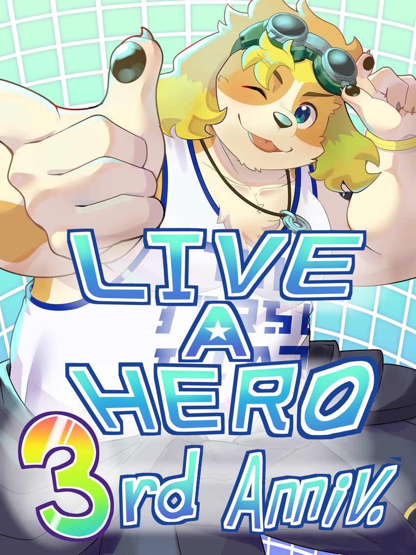 anthro belly blep blonde_hair blue_eyes clothing eyewear floppy_ears goggles hair male one_eye_closed overweight overweight_male shirt solo tank_top text tongue tongue_out topwear wink amidasuke lifewonders live_a_hero hisaki_(live_a_hero) canid canine canis domestic_dog mammal absurd_res english_text hi_res