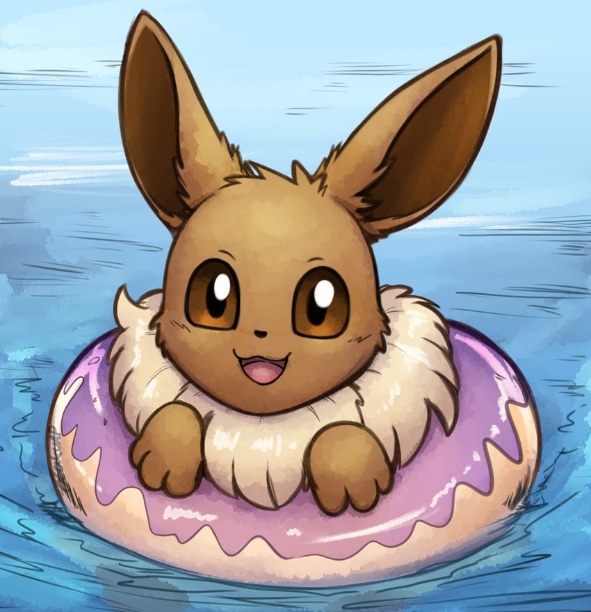 ambiguous_gender black_nose brown_eyes donut_pool_toy donut_print feral food_pool_toy food_print fur in_swim_ring inflatable inner_tube looking_at_viewer open_mouth open_smile partially_submerged pool_toy print_pool_toy smile solo swim_ring tuft water otakuap nintendo pokemon eevee generation_1_pokemon pokemon_(species) 2021 hi_res