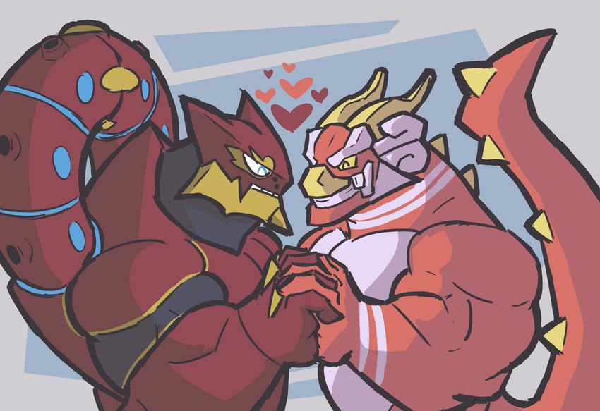 anthro anthrofied heart_symbol horn machine male male/male muscular muscular_male tail vehicle zekrenard nintendo pokemon king_of_red_lions generation_6_pokemon legendary_pokemon living_machine living_vehicle pokemon_(species) volcanion 2023 hi_res tagme