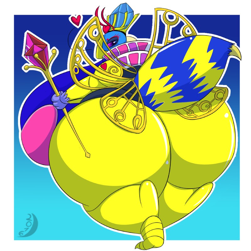 anthro big_breasts big_butt blue_background border breasts butt curvy_figure female gradient_background heart_symbol huge_breasts huge_butt hyper hyper_breasts insect_wings non-mammal_breasts overweight overweight_anthro overweight_female simple_background solo staff stinger thick_thighs white_border wide_hips wings lunarlillium kirby_(series) nintendo queen_sectonia arthropod bee hymenopteran insect 1:1 2016 hi_res