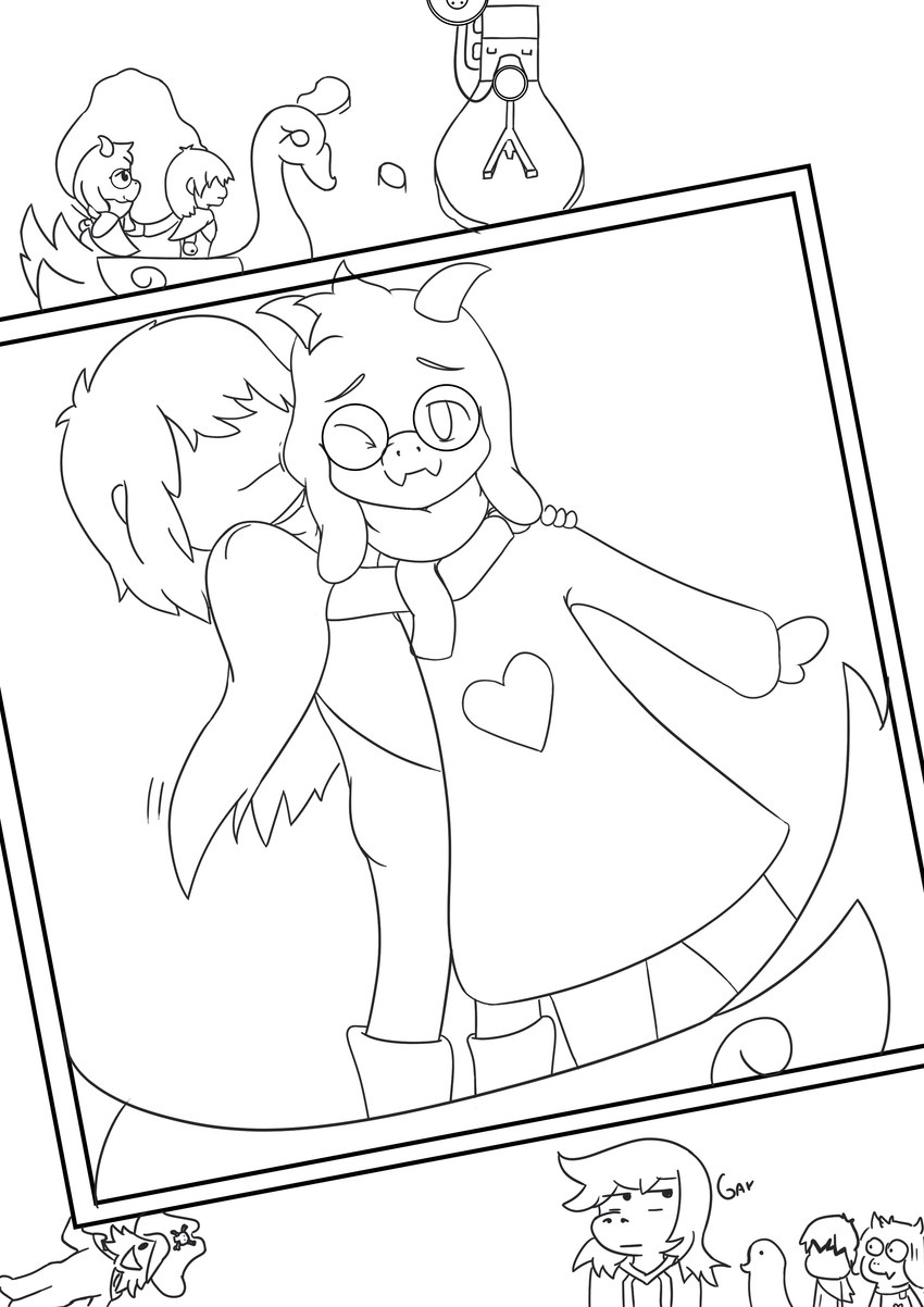 anthro clothed clothing dress eyewear female feral fur glasses group hair heart_clothing heart_dress heart_print heart_symbol hug male photo pip_focus print_clothing print_dress simple_background smile swan_boat text white_background erickatailsko deltarune undertale_(series) kris_(deltarune) ralsei rouxls_kaard susie_(deltarune) bovid caprine goat human mammal reptile scalie 2021 absurd_res black_and_white digital_media_(artwork) hi_res line_art monochrome picture_in_picture