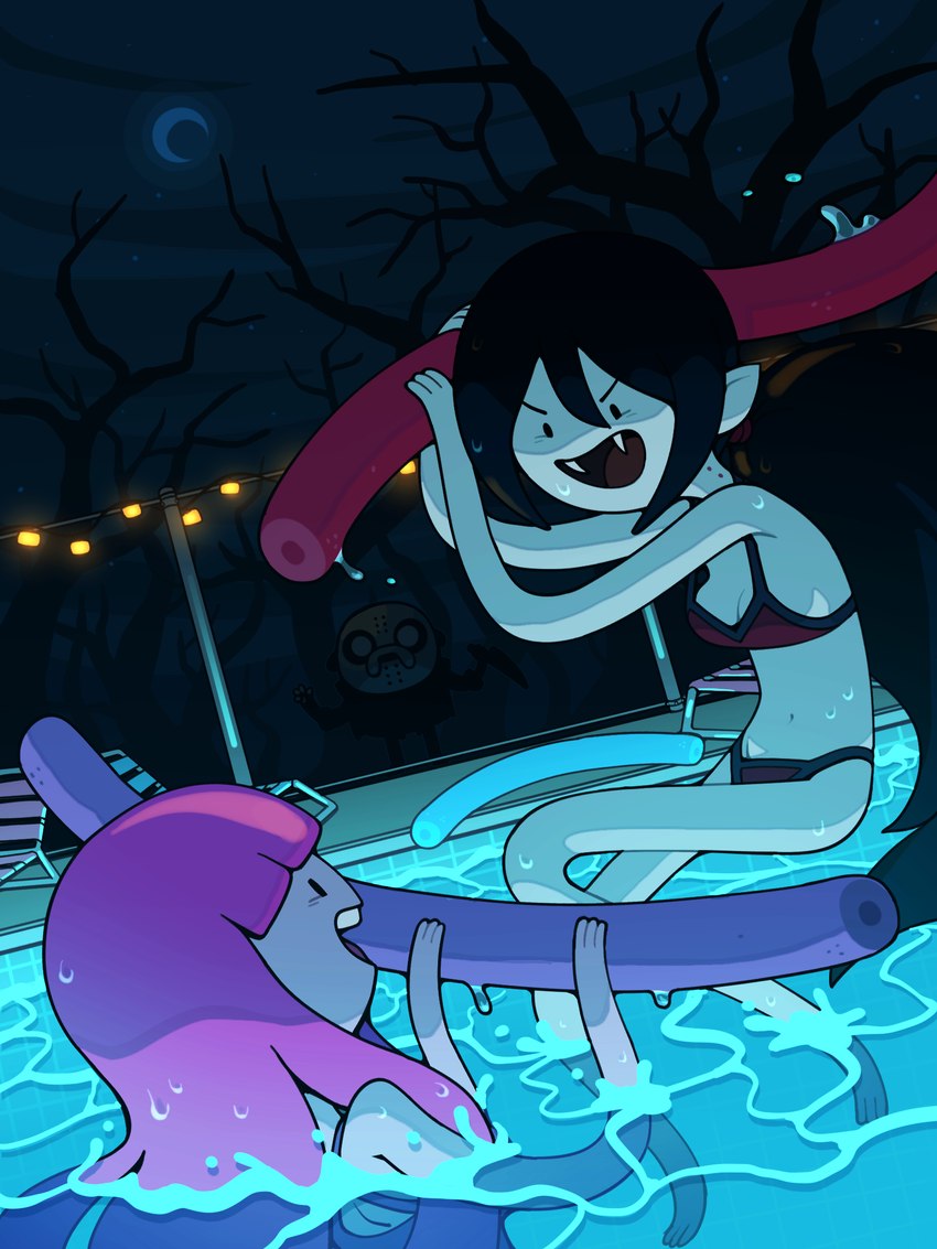 ambiguous_gender bikini bite_mark bite_mark_on_neck black_hair breasts cleavage clothed clothing duo_focus fanged_bite_mark fanged_bite_mark_on_neck fangs female group hair humanoid_pointy_ears not_furry partially_submerged pink_hair play_fight pointy_ears pool pool_noodle smile swimwear teeth toony trio two-piece_swimsuit wet wet_body discount-supervillain adventure_time cartoon_network jake_the_dog marceline_abadeer princess_bubblegum demon human humanoid hybrid mammal vampire 3:4 hi_res
