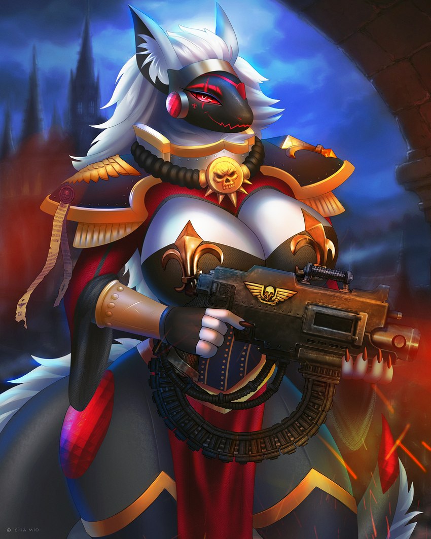 adepta_sororitas anthro armor big_breasts bolter bone boob_armor breasts claws clothing female fur gun heavy_bolter inner_ear_fluff machine purity_seal ranged_weapon red_eyes screen screen_face skull solo thick_thighs trigger_discipline tuft wax_seal weapon white_body white_fur chia_mio warhammer_(franchise) warhammer_40000 mori_(umbra_saeculi) sister_of_battle protogen hi_res