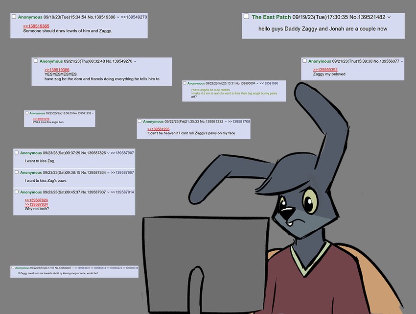 annoyed anthro buckteeth computer electronics feathered_wings feathers fur greeting grey_body grey_fur male solo teeth text wings unknown_artist 4chan angel_hare the_east_patch angel_zaggy angel angel_hare_(the_east_patch) hare lagomorph leporid mammal rabbit english_text