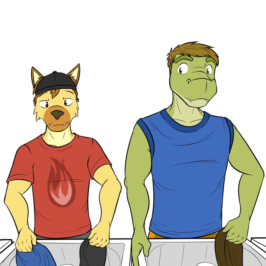 anthro clothed clothing duo fully_clothed hat headgear headwear laundry looking_aside male shirt t-shirt tank_top topwear fuze fuzeyeen gabriel_(fuze) alligator alligatorid crocodilian hyena mammal reptile scalie spotted_hyena 1:1 2017 hi_res