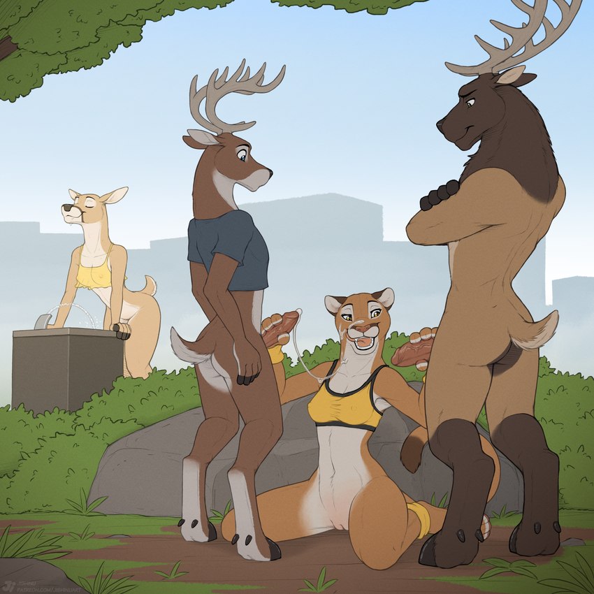 anthro anthro_on_anthro antlers black_nose bodily_fluids bottomless bottomless_anthro bottomless_female bottomless_male breasts brown_body brown_fur butt casual_exposure casual_sex clothed clothing crop_top_only cum cum_on_face day detailed_background dewclaw_hooves double_handjob drinking_fountain erection female fur genital_fluids genitals group group_sex handjob hooves horn humanoid_genitalia humanoid_penis hypercasual licking licking_lips male male/female navel nipple_outline nude nude_anthro nude_female open_mouth open_smile outdoor_nudity outside outside_sex park penile penis plant predator/prey public public_exposure public_sex pussy scut_tail sex short_tail shrub smile standing tail tan_body tan_fur threesome tongue translucent translucent_clothing translucent_topwear trio_focus unguligrade water jishinu cervine cougar deer elk felid feline mammal new_world_deer white-tailed_deer 1:1 2024 hi_res