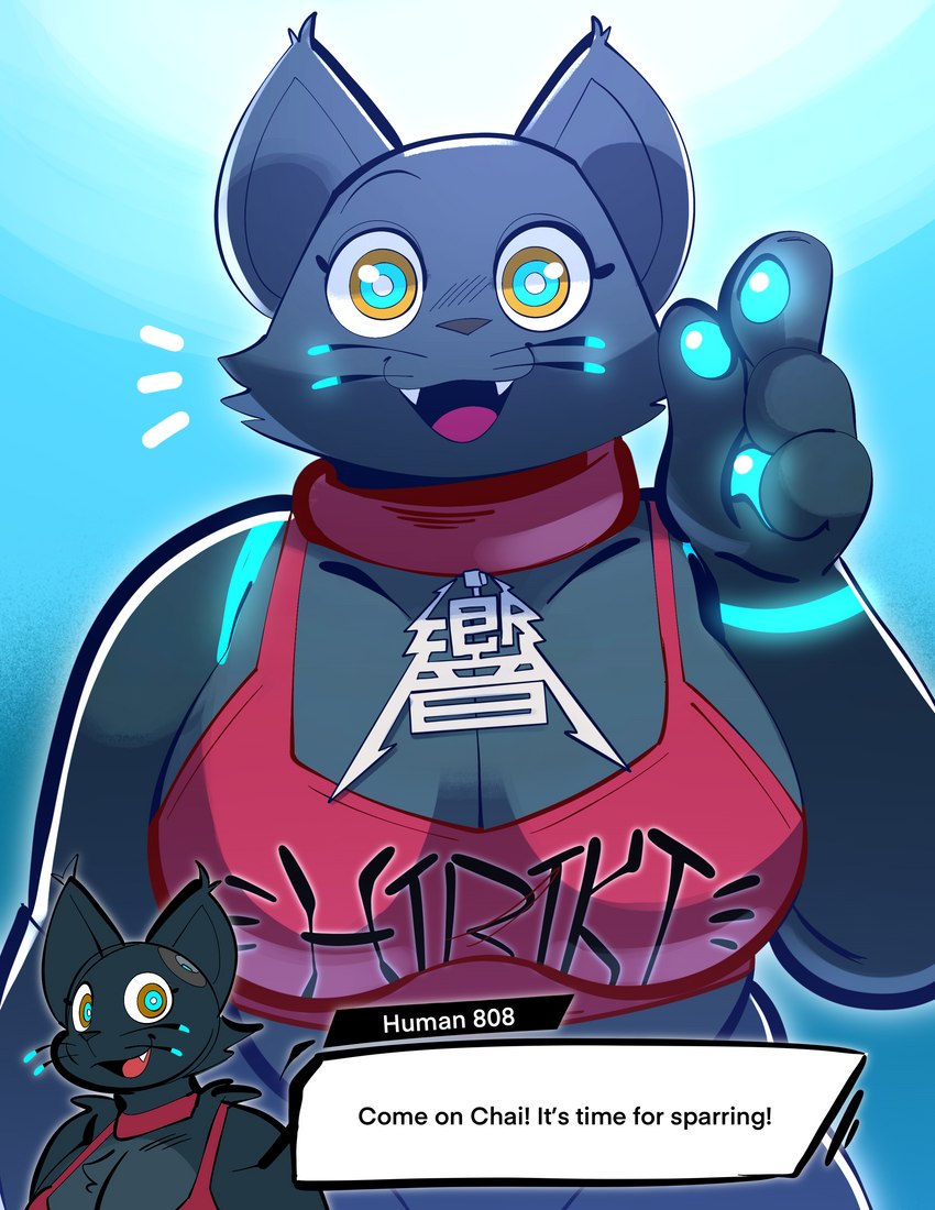 4_fingers anthro anthrofied big_breasts black_body black_fur blue_background blue_markings blue_pupils bottomwear breasts cjk_character cleavage clothed clothing collar collar_tag crop_top dialogue female fingers fur glowing glowing_markings glowing_pawpads looking_at_viewer machine markings open_mouth open_smile pawpads pupils red_clothing red_shirt red_topwear shirt shorts simple_background smile solo text text_box text_on_clothing text_on_topwear tongue topwear whisker_markings whiskers yellow_eyes gabbah hi-fi_rush microsoft tango_gameworks 808_(hi-fi_rush) domestic_cat felid feline felis mammal robot 2023 absurd_res bust_portrait digital_media_(artwork) english_text hi_res portrait