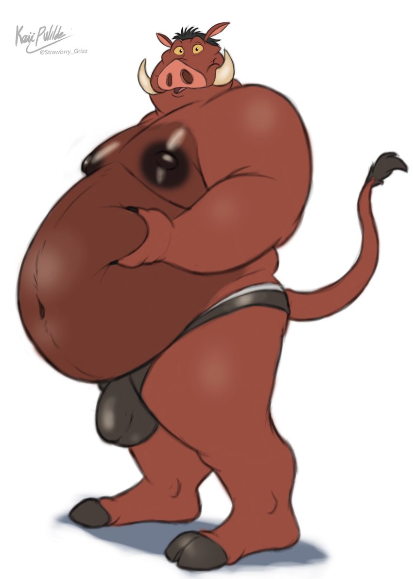 anthro anthrofied areola belly big_areola big_belly biped bulge clothed clothing detailed_bulge genital_outline huge_belly male navel nipples obese obese_anthro obese_male overweight overweight_anthro overweight_male penis_outline simple_background solo tail tusks white_background husky2paws disney the_lion_king pumbaa mammal suid suina warthog hi_res