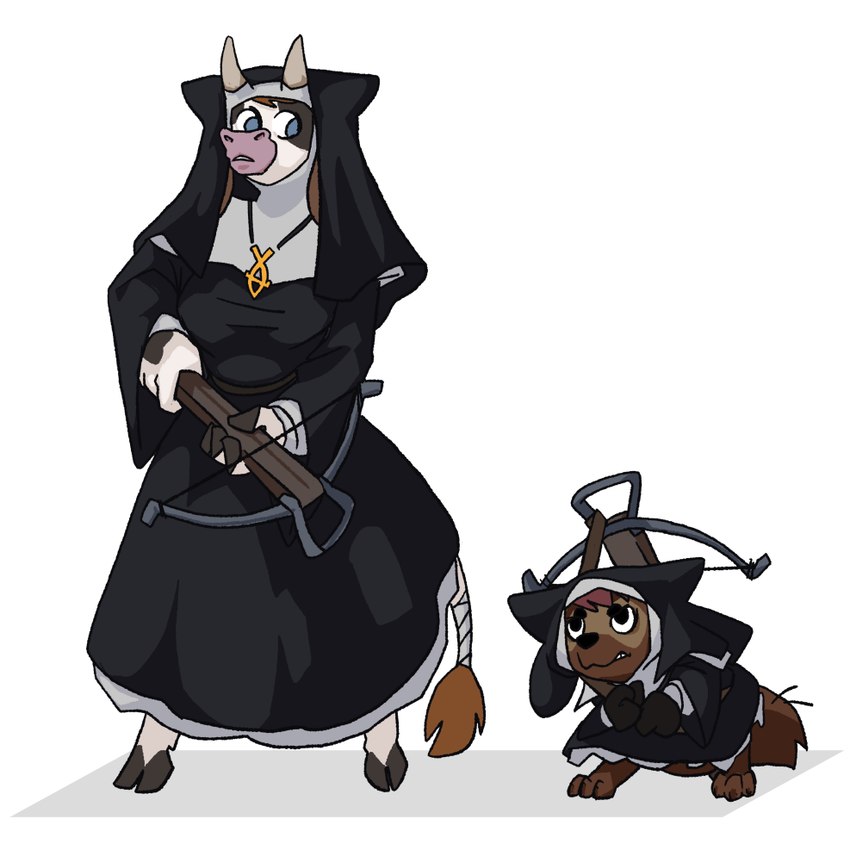 anthro arbalist christian_symbol christianity clothing crossbow duo female feral holding_object holding_weapon jewelry necklace nun nun_outfit ranged_weapon religion weapon unknown_artist prostokvashino tama-tama bovid bovine cattle hybrid mammal 1:1 digital_media_(artwork)