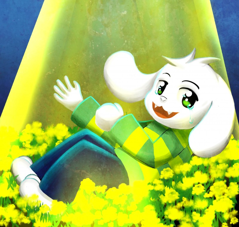 anthro bodily_fluids clothed clothing crying flower fur long_ears looking_at_viewer lying male open_mouth plant shirt smile solo spotlight tears topwear tuft white_body white_fur young young_anthro nako undertale undertale_(series) asriel_dreemurr boss_monster_(undertale) bovid caprine goat mammal 2017 absurd_res hi_res