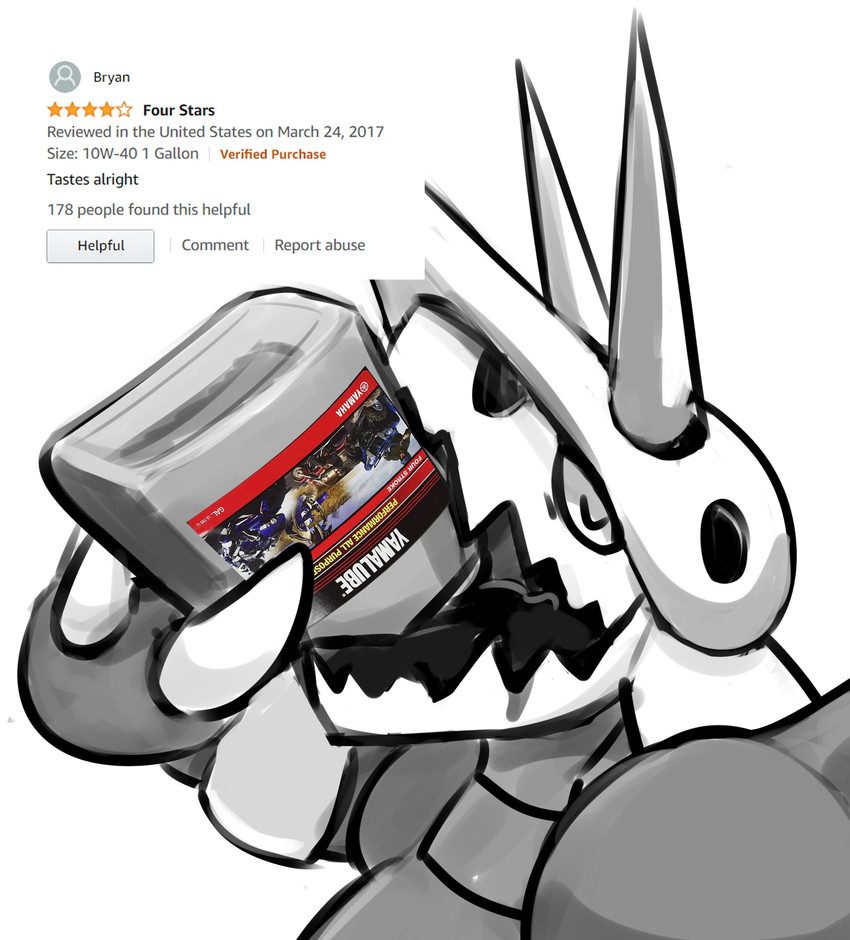 drinking eyes_closed feral grey_body grey_skin holding_object oil open_mouth semi-anthro simple_background solo text white_background neaudle amazon.com nintendo pokemon yamaha aggron generation_3_pokemon pokemon_(species) english_text hi_res