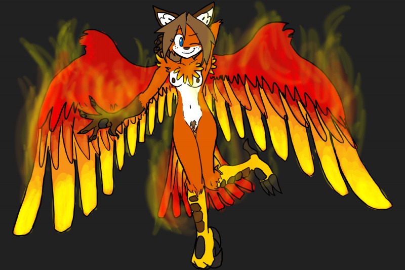 anthro breasts feathers female fire genitals hair nipples nude pubes pussy solo tail tail_feathers raiettei_(artist) avian bird canid canine fox mammal 2013 3:2 hi_res