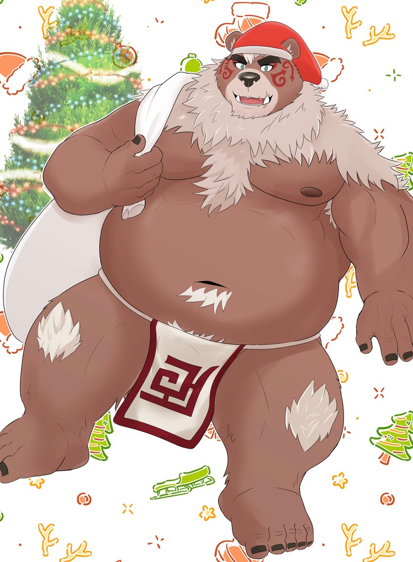 anthro asian_clothing belly brown_body christmas_clothing christmas_headwear christmas_tree clothing east_asian_clothing fundoshi hat headgear headwear holidays humanoid_hands japanese_clothing kemono male moobs navel nipples overweight overweight_male plant santa_hat solo tree underwear kisaragi_syoo christmas lifewonders tokyo_afterschool_summoners kimun_kamui_(tas) bear mammal 2021 absurd_res hi_res